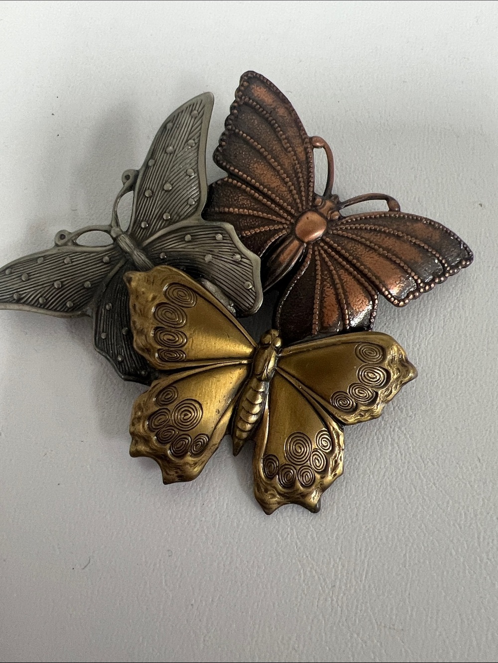 Vintage K & T brooch. Copper, silver, and bronze tone butterfly brooch